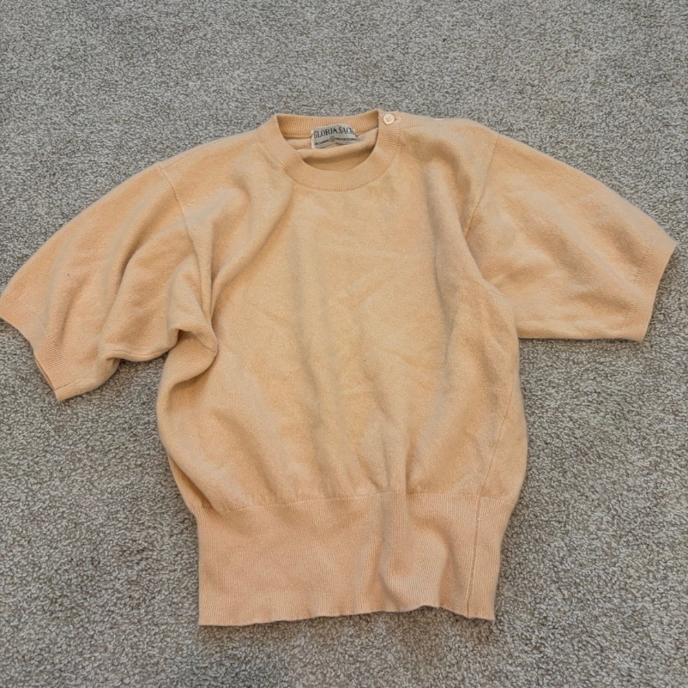 Gloria Sachs 100% Cashmere Sweater Womens S Tan Short Sleeve Crewneck Luxury